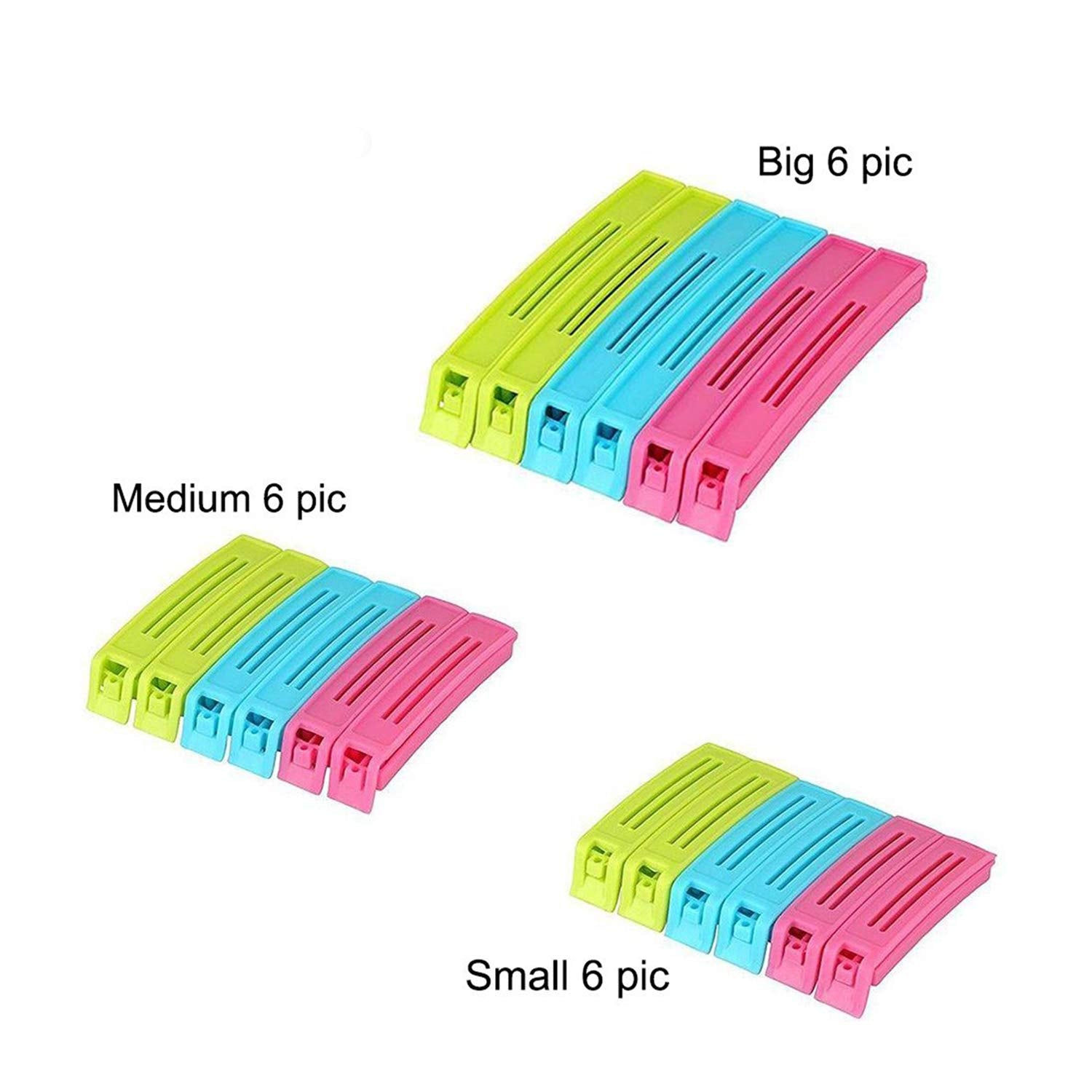 Kitchenwell 18 Pcs - 3 Different Size Plastic Food Snack Bag Pouch Clip Sealer Large, Medium, Small Plastic Snack Seal Sealing B